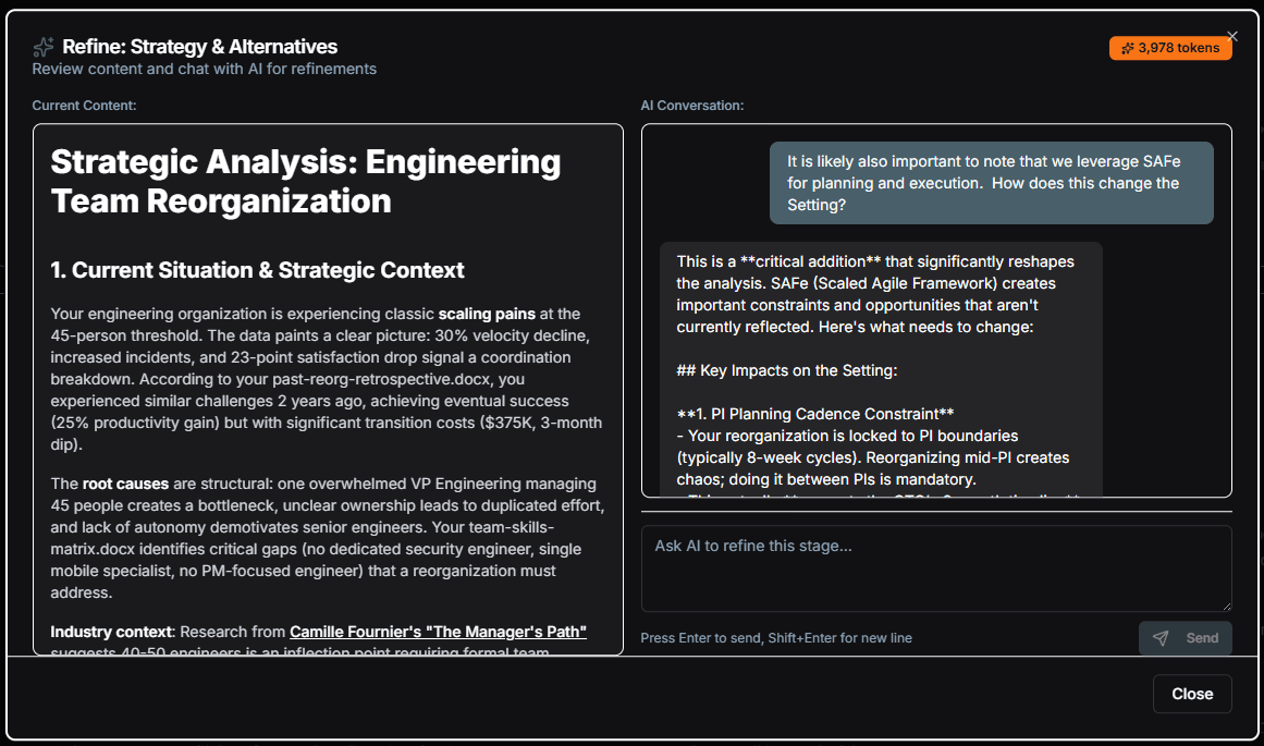 DeeCee.ai Pro — Refine with AI panel for re-analyzing a specific section of the decision brief